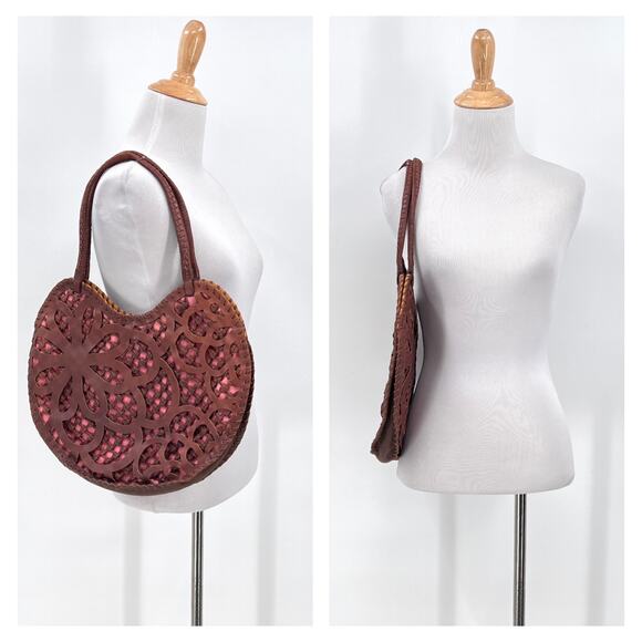 HADLEY POLLET Pink Peek A Boo Shoulder Bag Brown Laser Cut Leather Flower - Picture 1 of 15